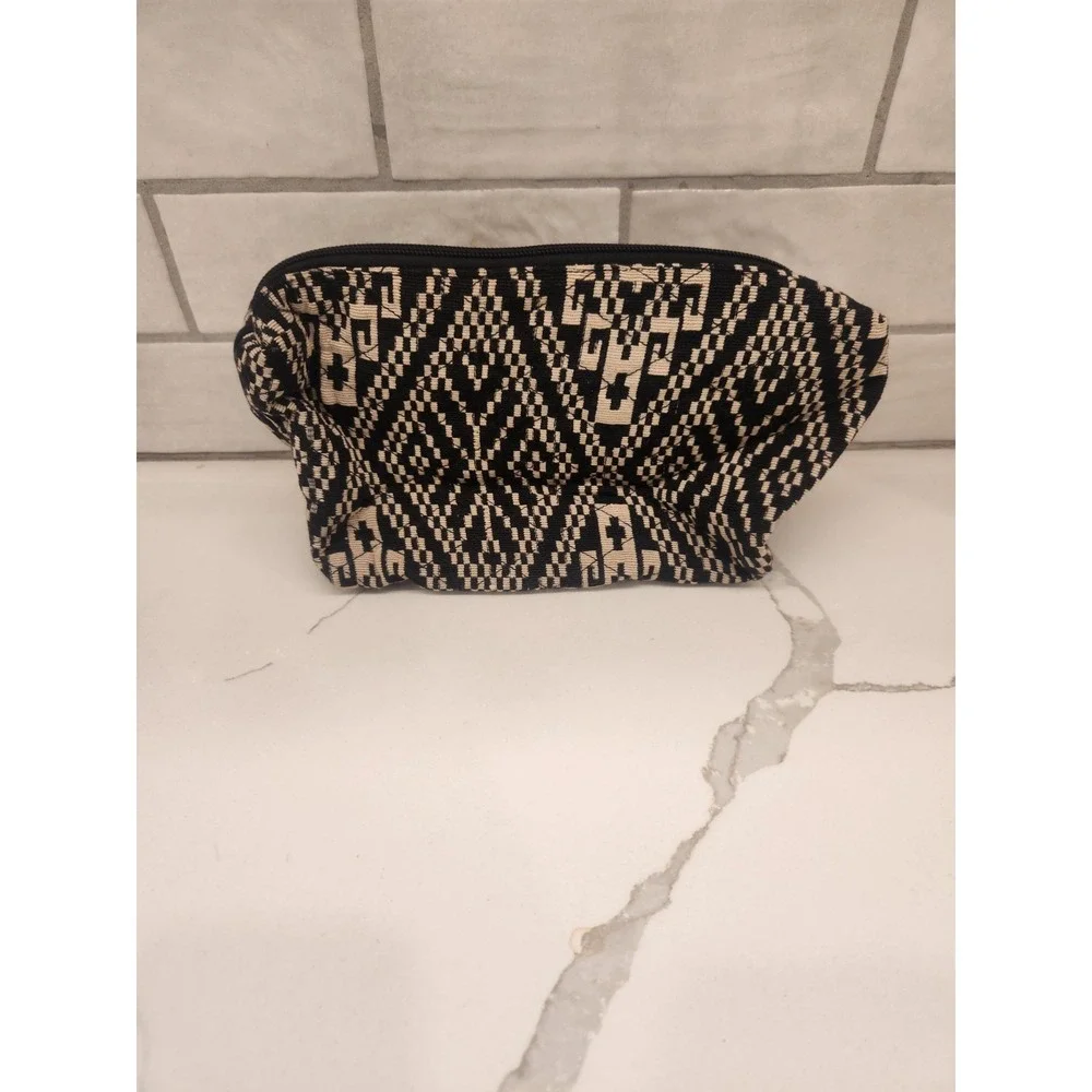 Lovestitch Black and Cream Colorful Pom Poms Boho Makeup Bag Pouch Made in India